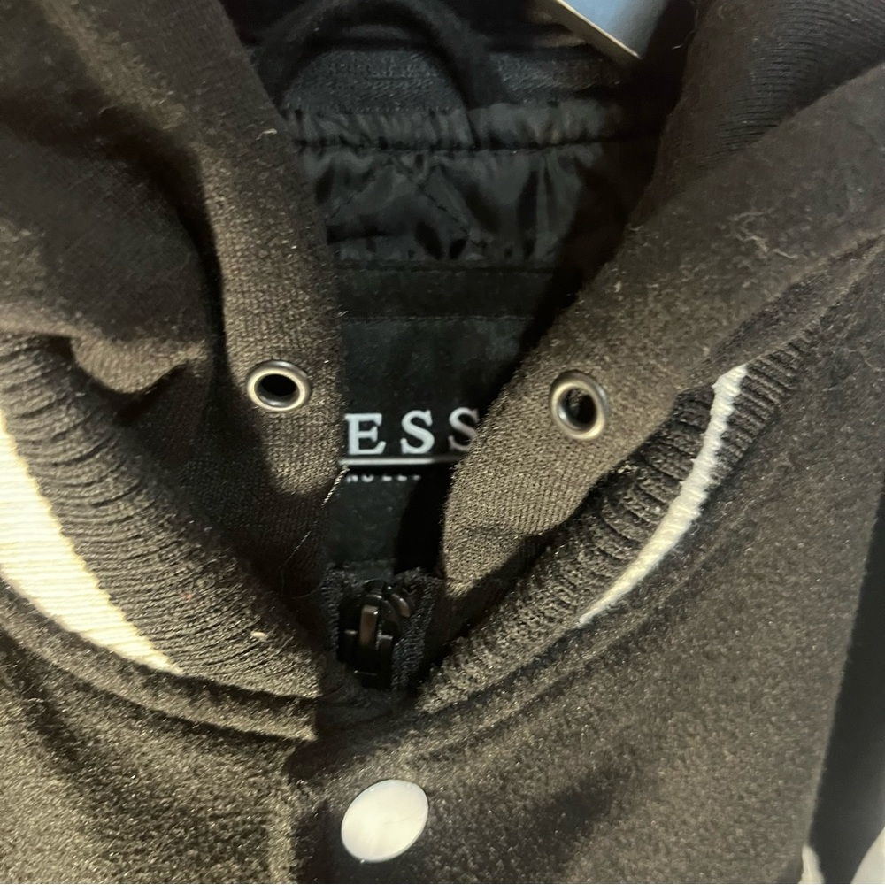 Read! GUESS Men's Wool G Varsity Letterman Bomber  Hooded Jacket Black Size S - Picture 7 of 9